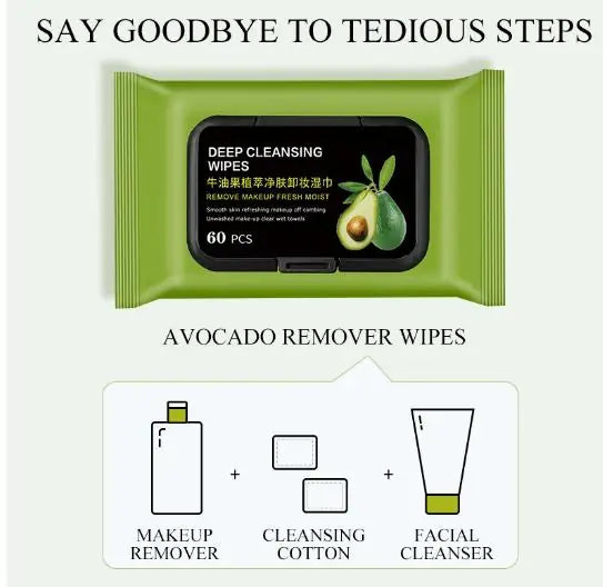 Avocado Makeup Remover Wipes – 60 Hydrating & Gentle Cleansing Pads