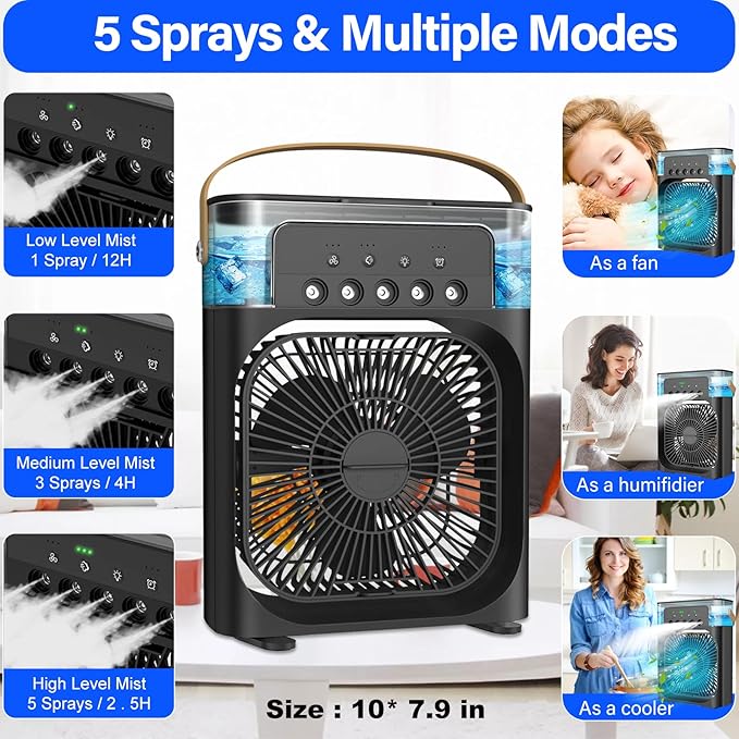 Portable Air Cooler Fan for Home, Office & Kitchen | USB Mini Air Conditioner with 3 Spray Modes | Personal Cooling Fan for Summer