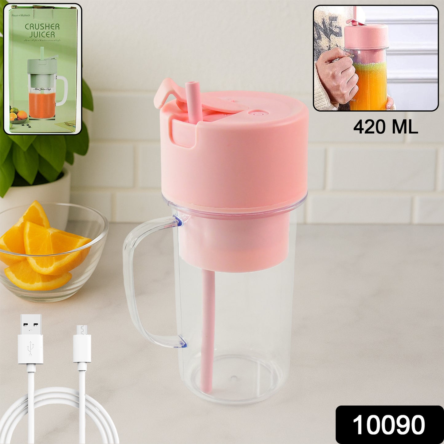 Portable Crusher Juicer With Handle Straw Usb Rechargeable 6 Blades (420 Ml)