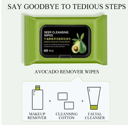 Avocado Makeup Remover Wipes – 60 Hydrating & Gentle Cleansing Pads